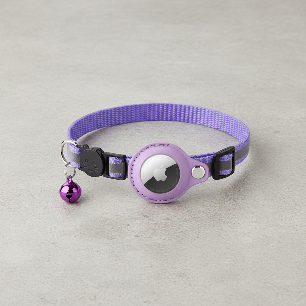Purple AirTag-compatible cat collar with reflective strap, bell, buckle and tracker holder.
