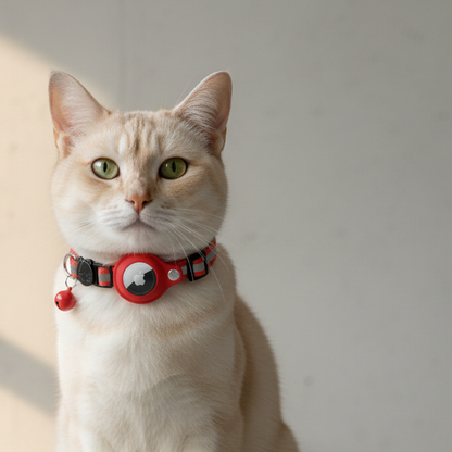 Cream cat wearing a red Airtag-compatible cat collar with tracker holder and bell, photographed in natural daylight against a clean minimalist concrete backdrop.