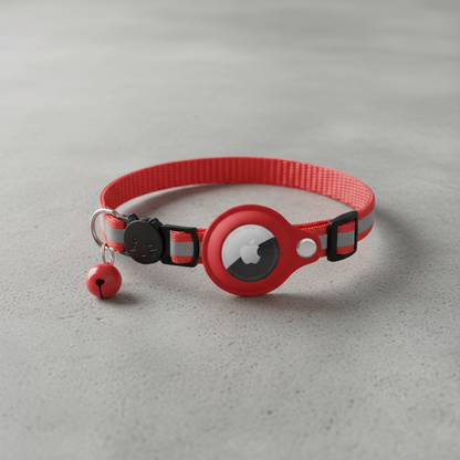 Red AirTag-compatible cat collar with reflective strap, bell, buckle and tracker holder