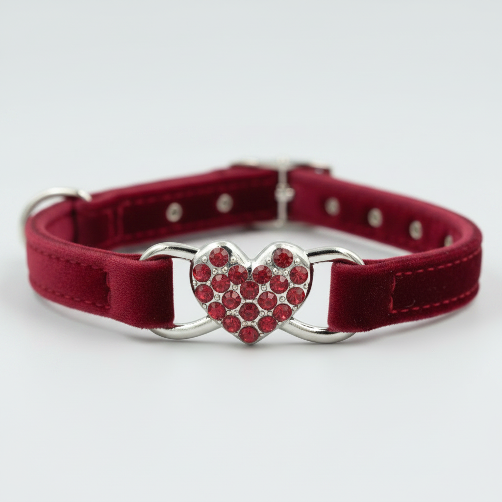 Red cat collar with a heart-shaped rhinestone buckle on a white background