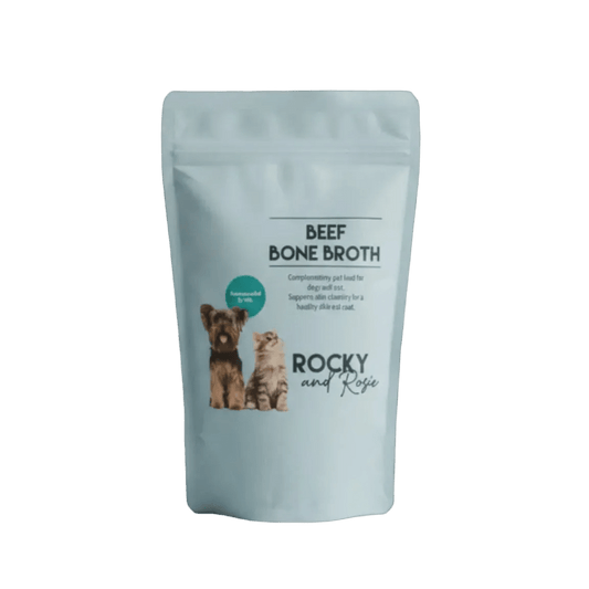 Rocky & Rosie Beef Bone Broth Powder resealable pouch for cats and dogs