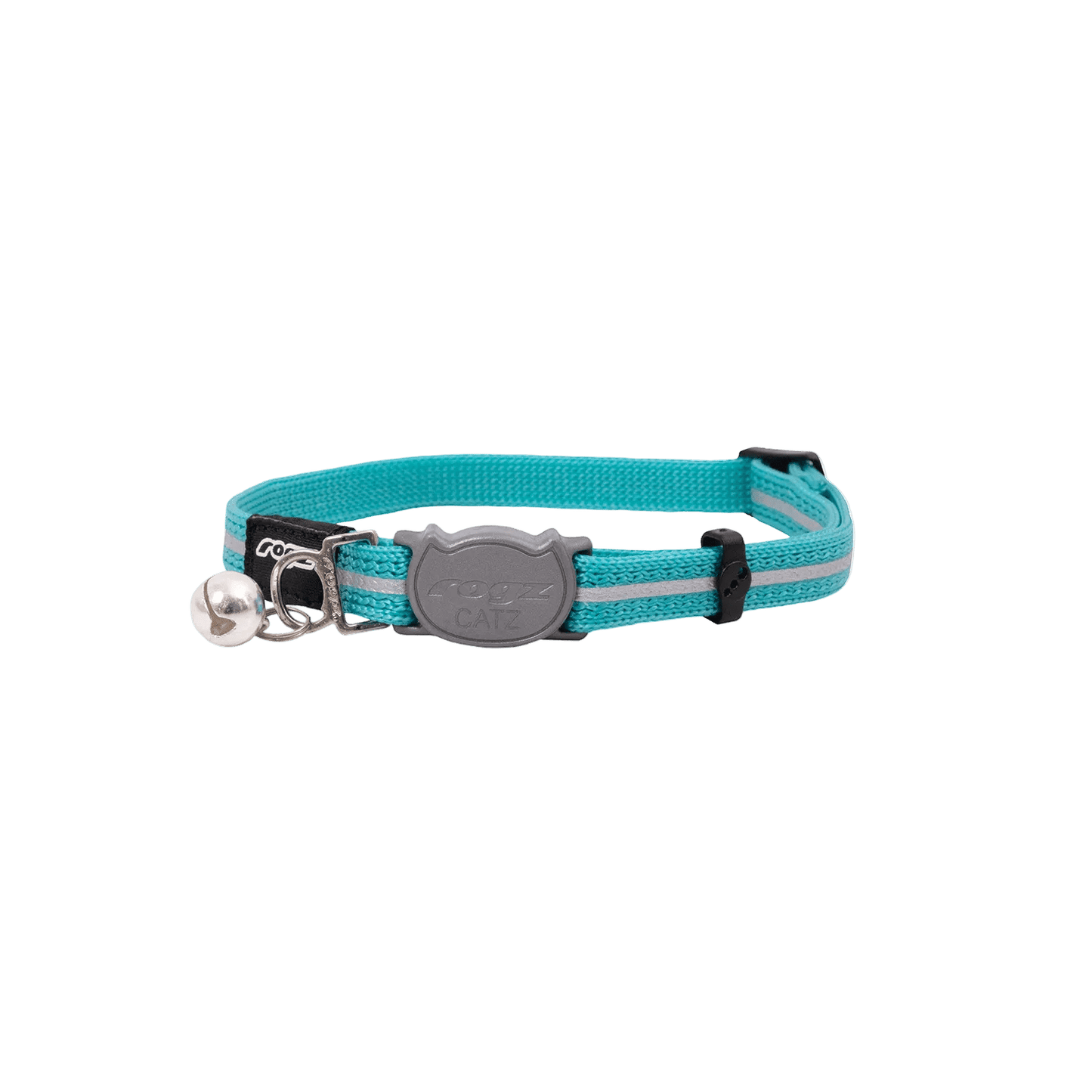 Teal reflective breakaway cat collar with bell and AlleyCat logo