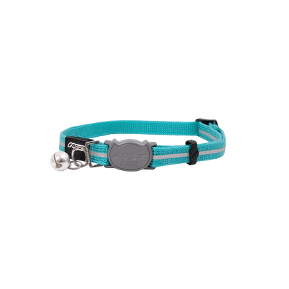 Teal reflective breakaway cat collar with bell and AlleyCat logo
