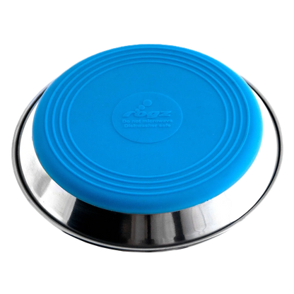 Rogz Anchovy stainless steel cat bowl with blue anti-slip silicone base