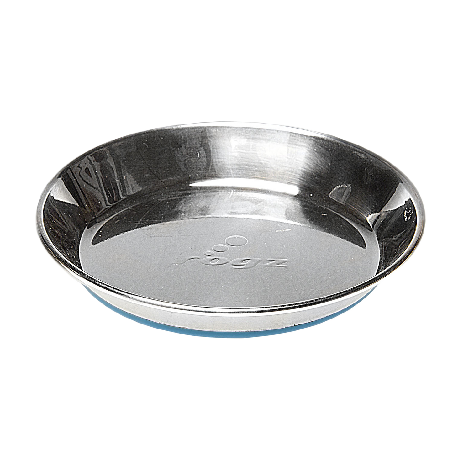 Rogz Anchovy stainless steel cat bowl with blue silicone base front view