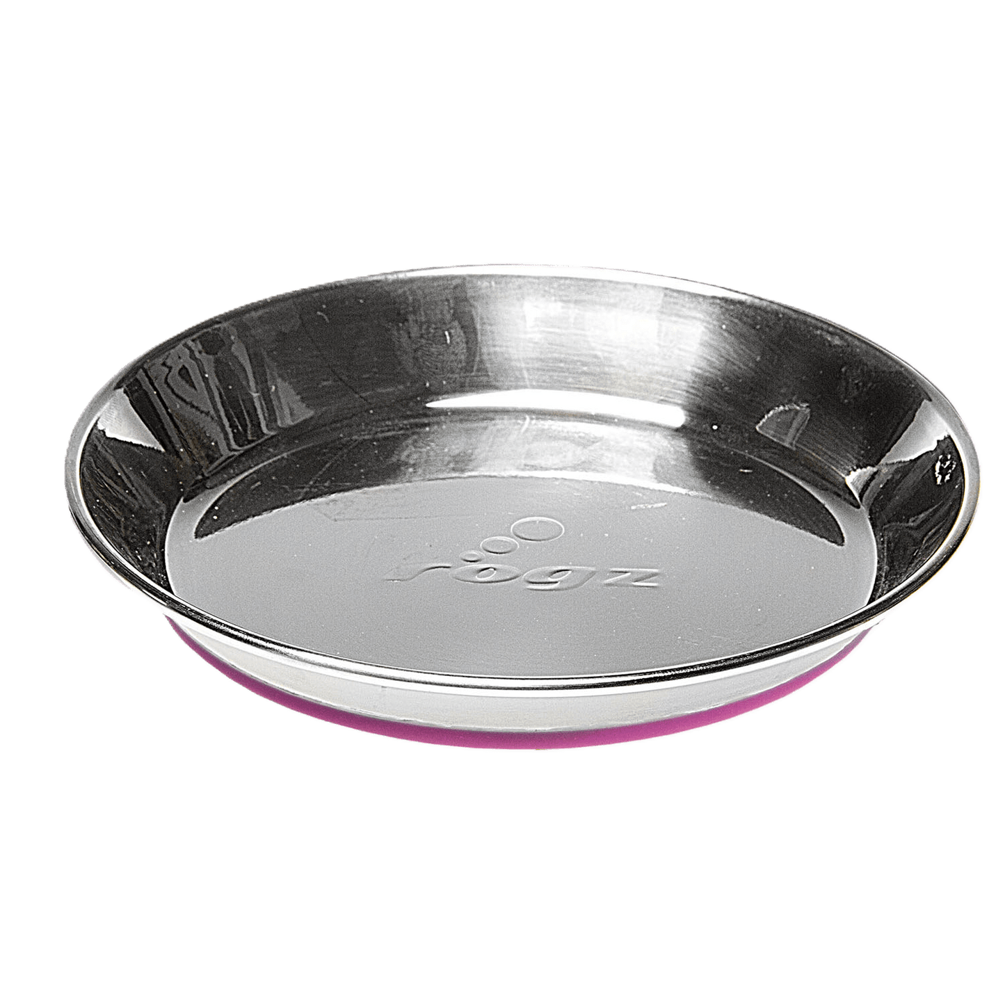 Stainless steel cat bowl with visible purple silicone base ring