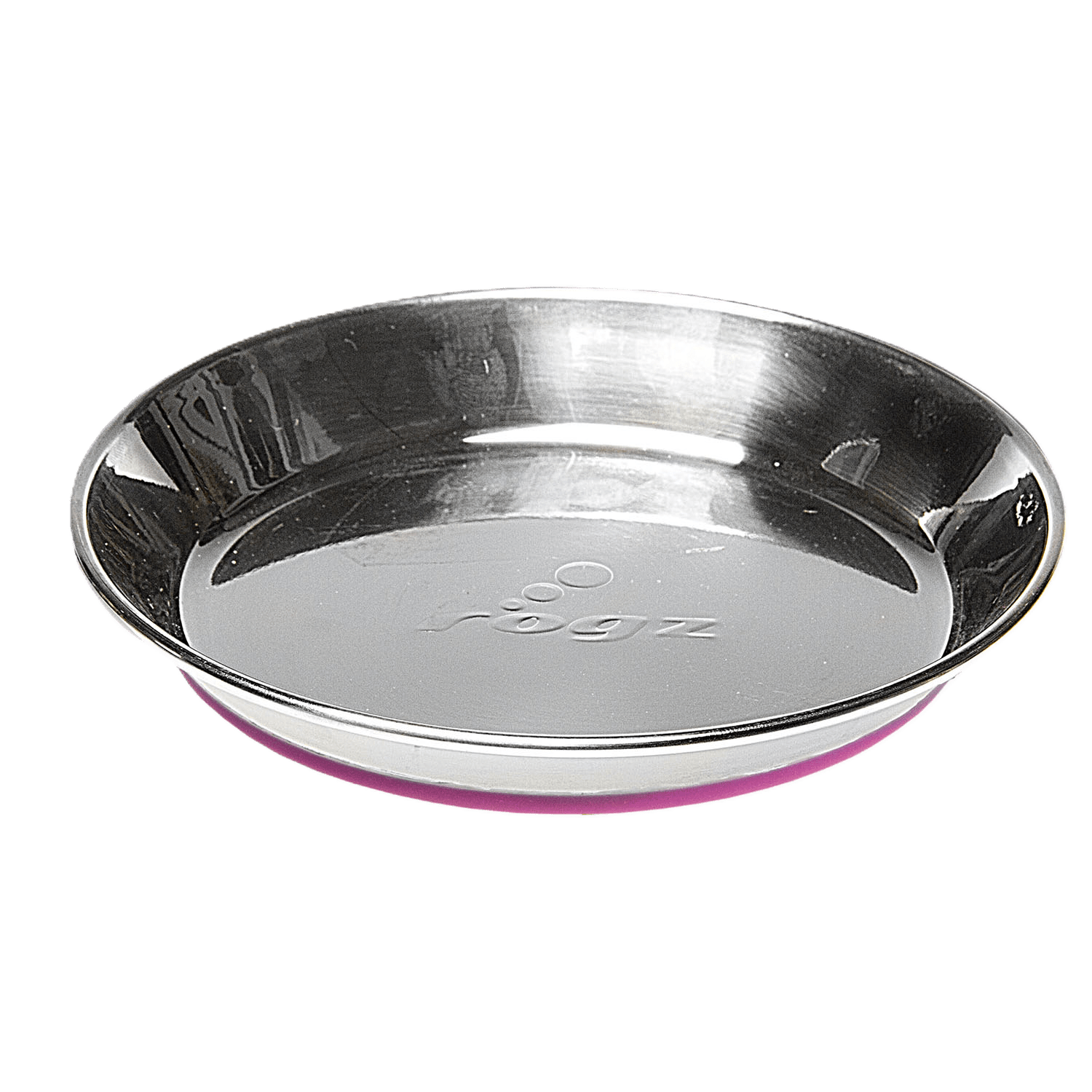 Stainless steel cat bowl with visible purple silicone base ring