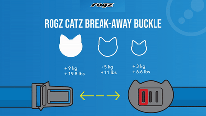 Rogz Catz break-away buckle safety guide showing adjustable release settings for cats weighing 3 kg, 5 kg and 9 kg