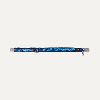 Rogz FashionCat Safety Collar in Amphibian Blue showing full adjustable cat collar with bell and breakaway buckle