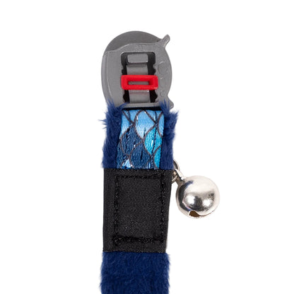 Close-up of Rogz FashionCat Safety Collar in Amphibian Blue showing the variable-load Safeloc buckle and bell for  medium sized cat