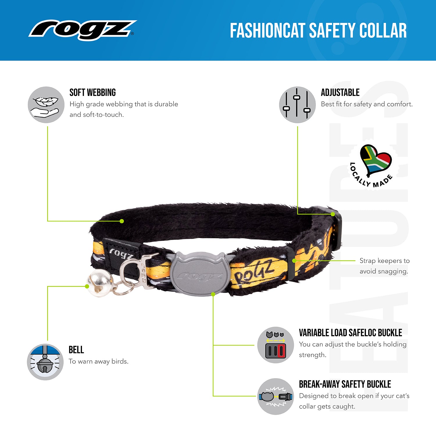 Rogz FashionCat Safety Collar feature guide showing soft webbing, bell, adjustable fit and breakaway safety buckle
