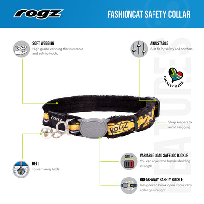 Rogz FashionCat Safety Collar feature guide showing soft webbing, bell, adjustable fit and breakaway safety buckle