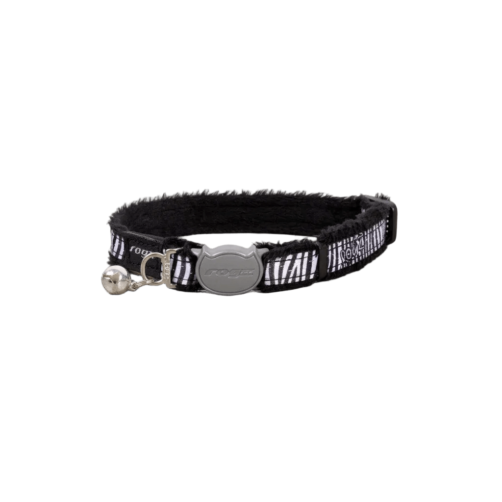 Black zebra patterned cat safety collar with padded lining, silver buckle, and bell.