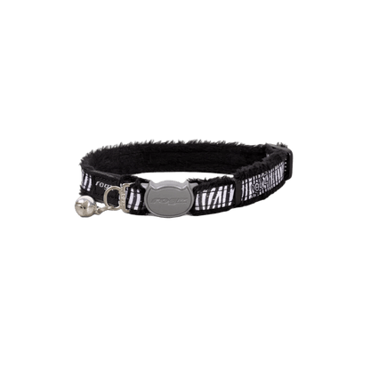 Black zebra patterned cat safety collar with padded lining, silver buckle, and bell.
