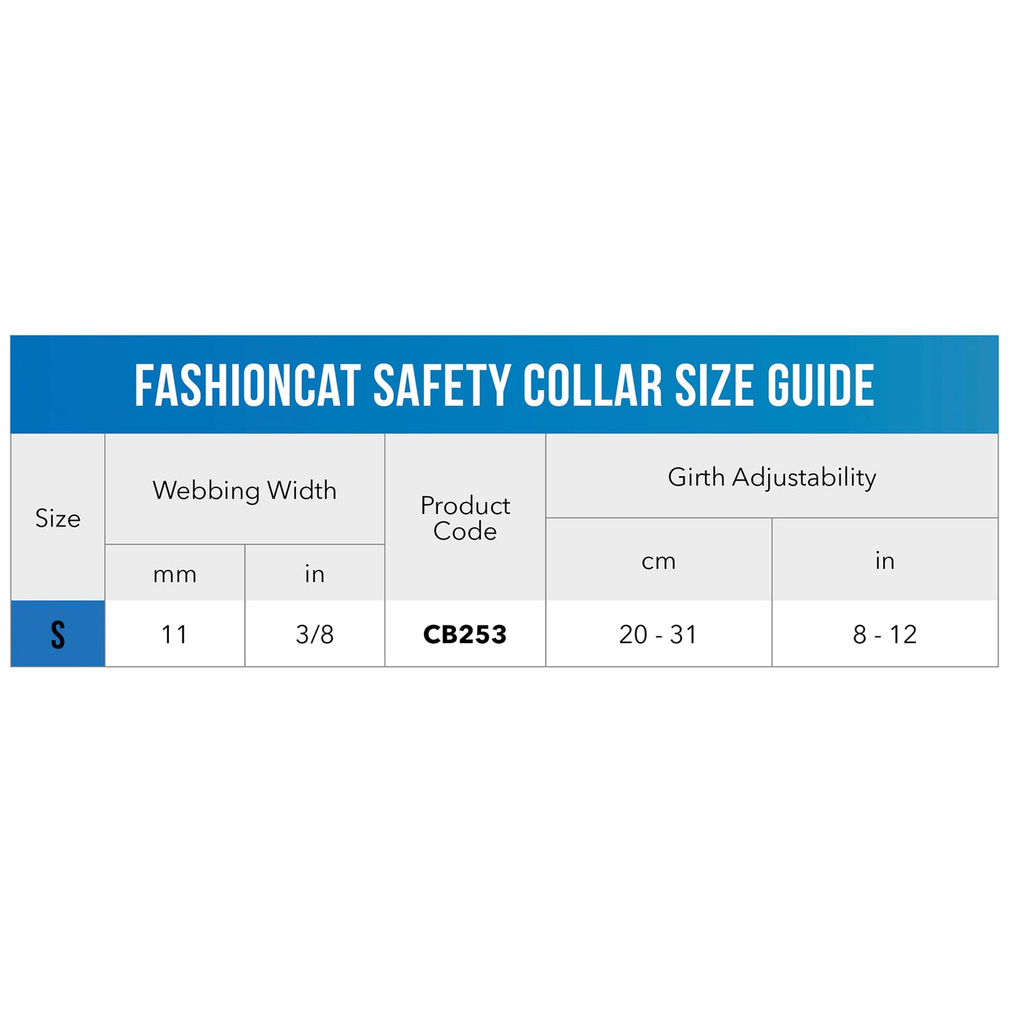 Rogz FashionCat Safety Collar size guide showing small collar measurements and adjustability