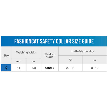 Rogz FashionCat Safety Collar size guide showing small collar measurements and adjustability