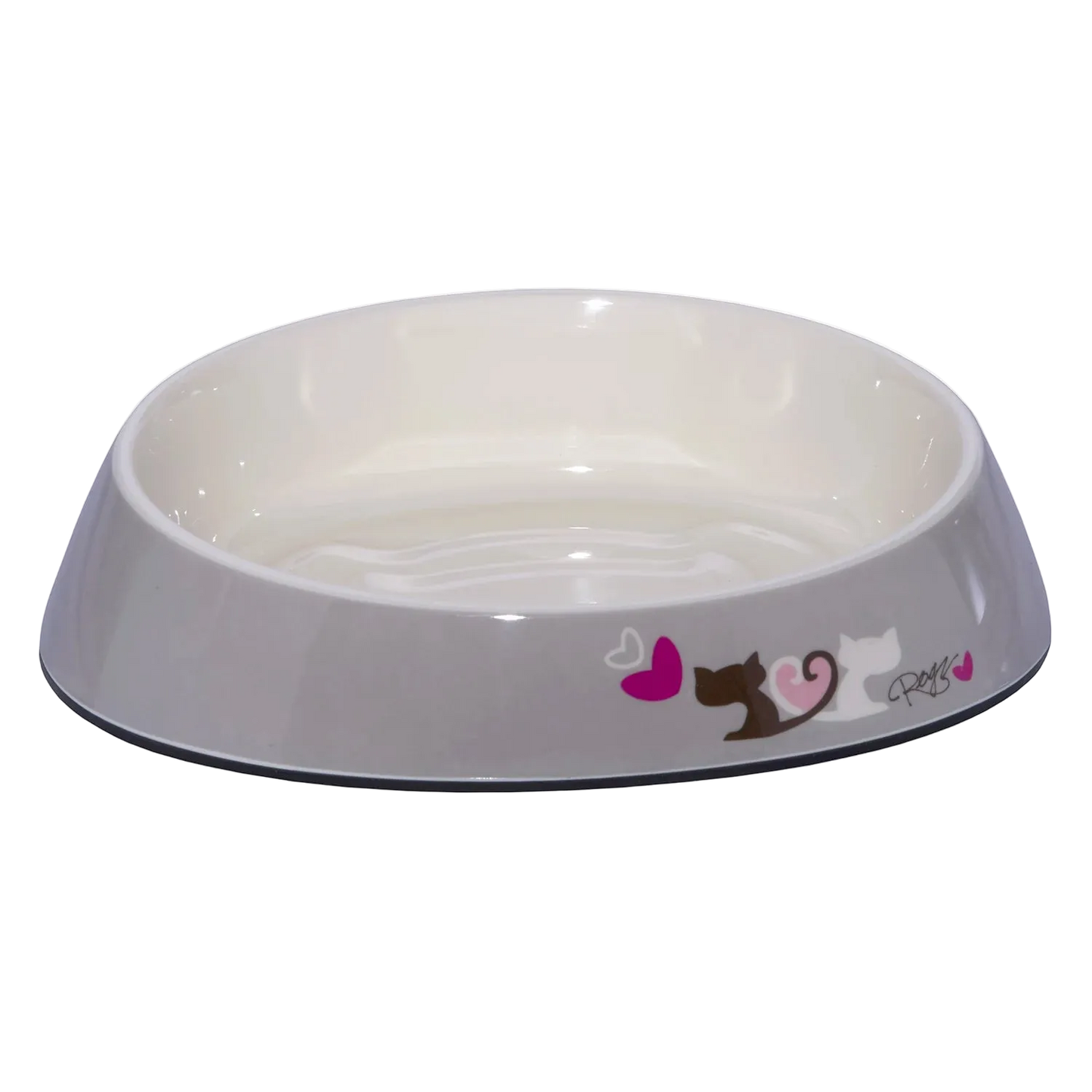 Rogz Fishcake melamine cat bowl in Grey Heart Tails design