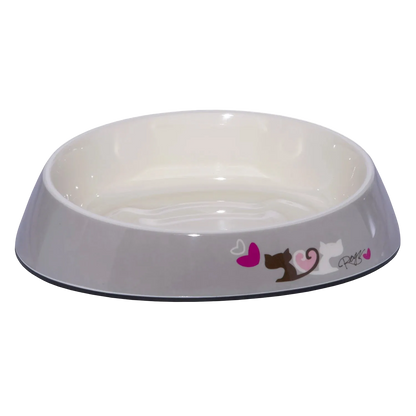 Rogz Fishcake melamine cat bowl in Grey Heart Tails design