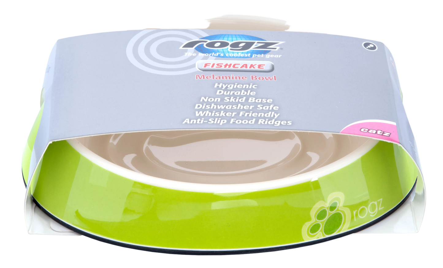 Rogz Fishcake Lime Paw cat bowl in retail packaging