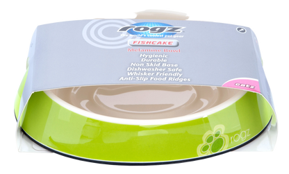 Rogz Fishcake Lime Paw cat bowl in retail packaging