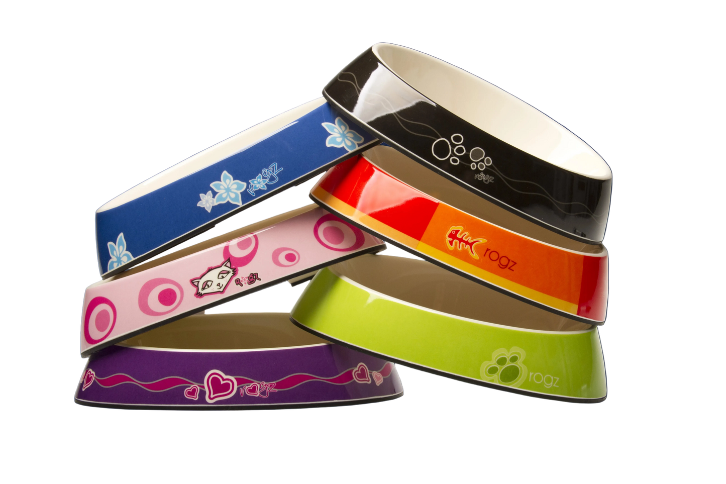 Five Rogz Fishcake melamine cat bowl designs arranged together