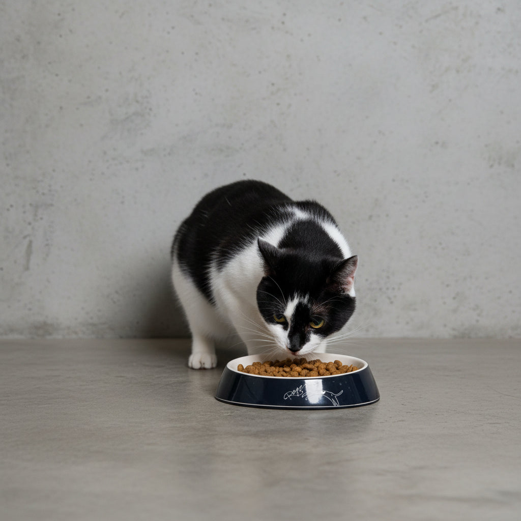 Cat eating from a Rogz Fishcake melamine cat bowl