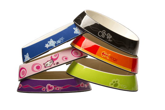 Stacked Rogz Fishcake melamine cat bowls in assorted designs