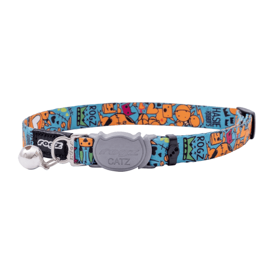 Breakaway cat collar with bell, orange and blue comic pattern, gray CATZ plate