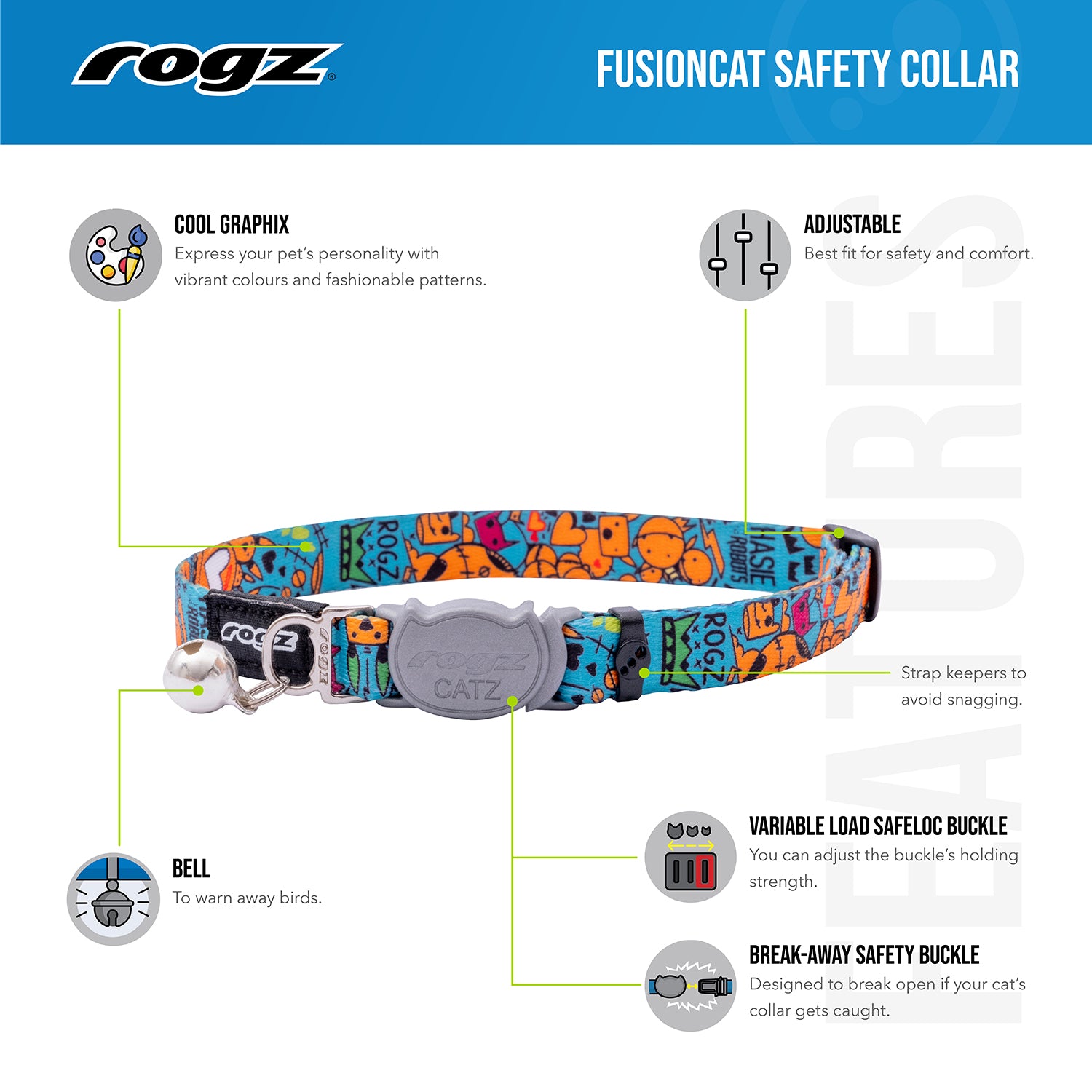 Rogz FusionCat Classic Safety Collar feature guide showing bell, adjustable fit, strap keepers and breakaway safety buckle