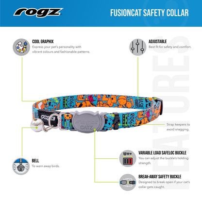 Rogz FusionCat Classic Safety Collar feature guide showing bell, adjustable fit, strap keepers and breakaway safety buckle