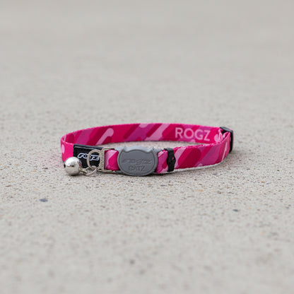Rogz FusionCat Classic Safety Collar in Geo Pink showing full adjustable cat collar with bell and breakaway buckle