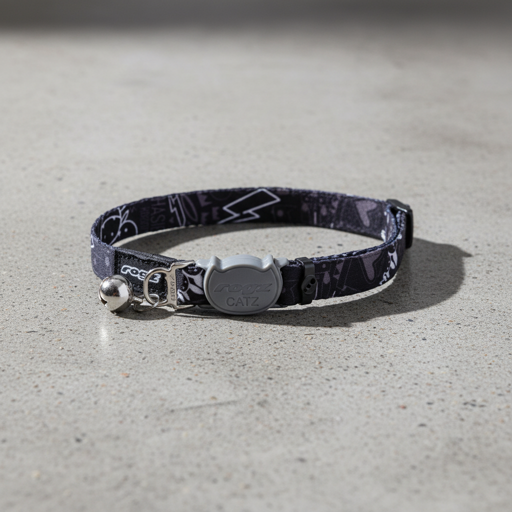 Rogz FusionCat Classic Safety Collar in Midnight Black showing full adjustable cat collar with bell and breakaway buckle