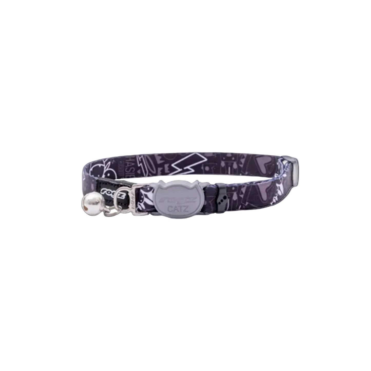 Rogz FusionCat Classic Safety Collar in Midnight Black showing full adjustable cat collar with bell and breakaway buckle