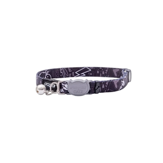 Rogz FusionCat Classic Safety Collar in Midnight Black showing full adjustable cat collar with bell and breakaway buckle
