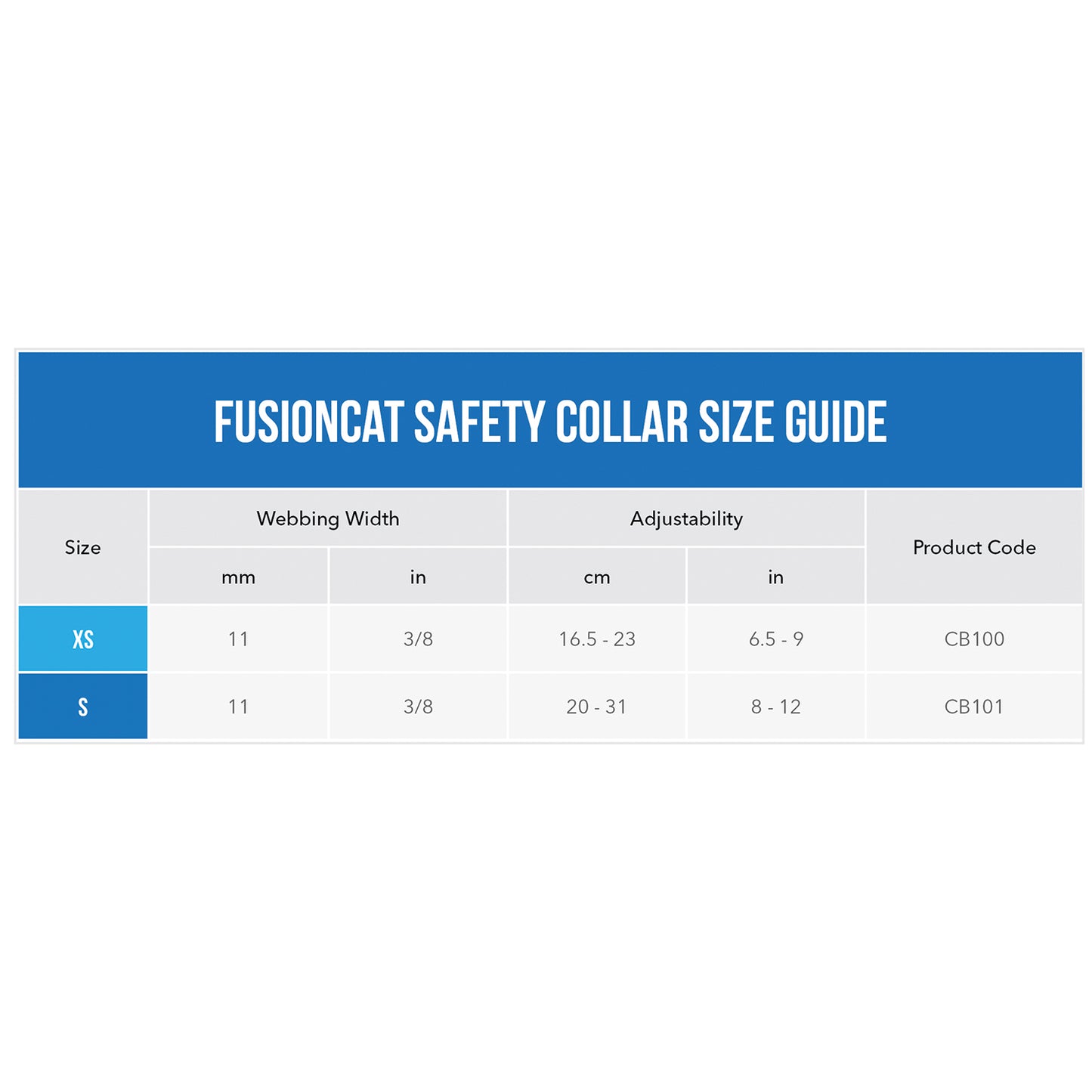Rogz FusionCat Classic Safety Collar size guide showing XS and S collar measurements and product codes`