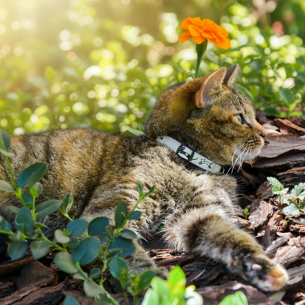 Tabby cat wearing a Rogz GlowCat Safety Collar in Blue Floral while resting outdoors