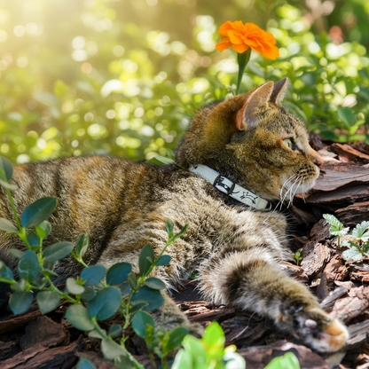 Tabby cat wearing a Rogz GlowCat Safety Collar in Blue Floral while resting outdoors