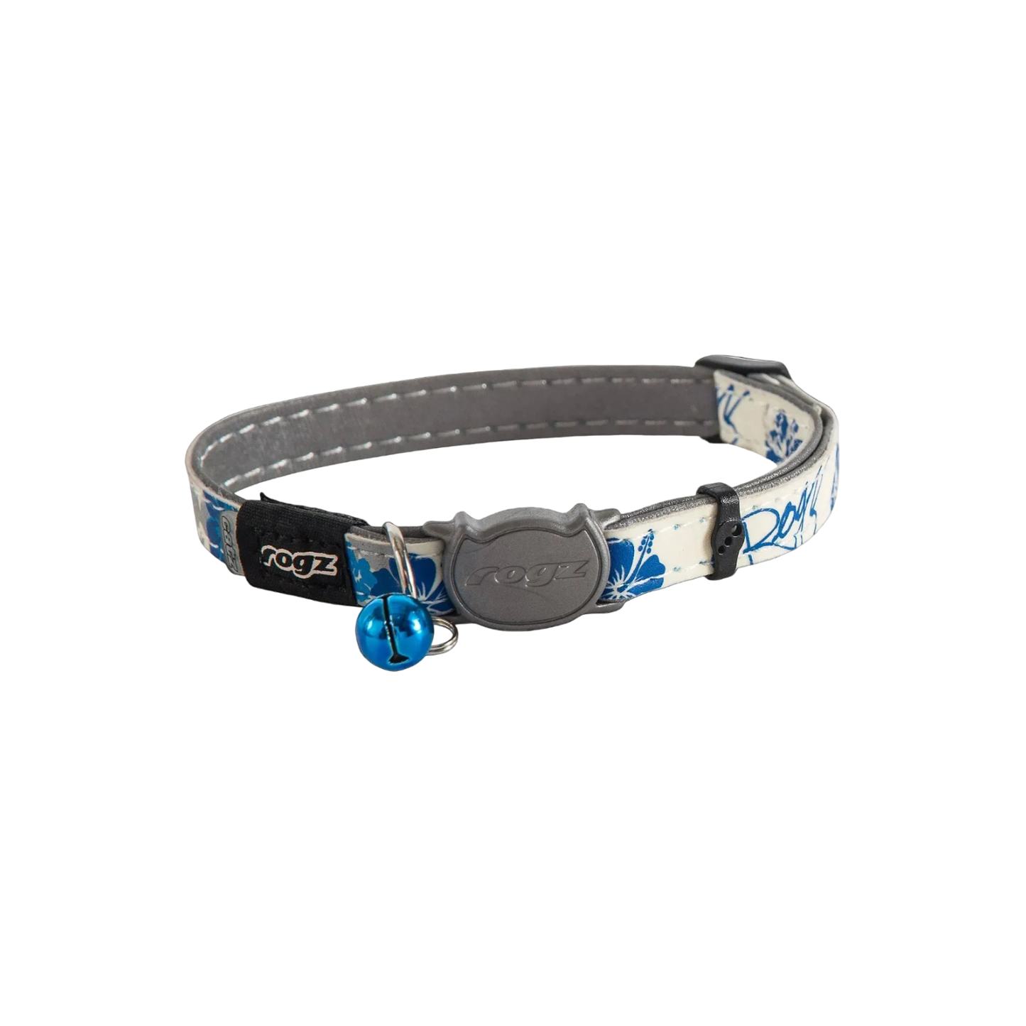 Rogz GlowCat Safety Collar in Blue Floral showing reflective collar, blue bell and breakaway safety buckle