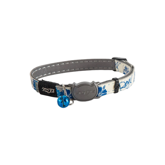 Rogz GlowCat Safety Collar in Blue Floral showing reflective collar, blue bell and breakaway safety buckle