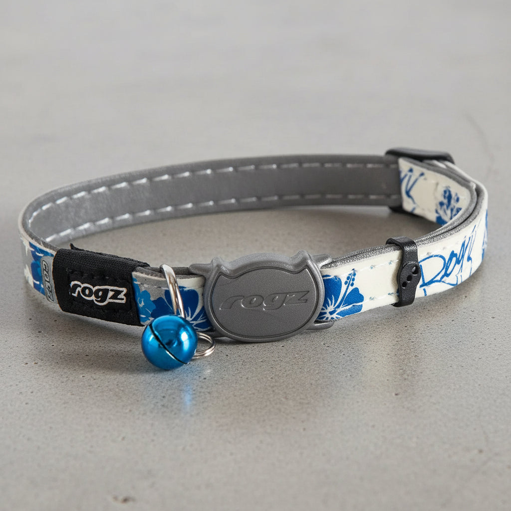 Rogz GlowCat Safety Collar in Blue Floral showing full adjustable cat collar with blue bell and breakaway buckle