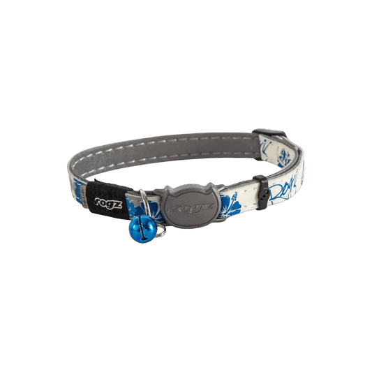 Safety release cat collar with blue floral fabric, gray clasp, and blue bell