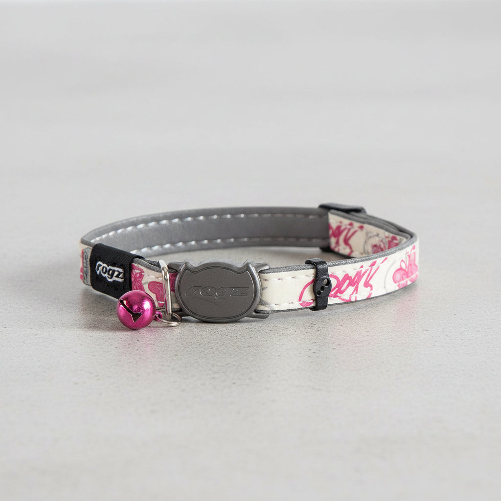 Rogz GlowCat Safety Collar in Pink Butterflies showing full adjustable cat collar with pink bell and breakaway buckle