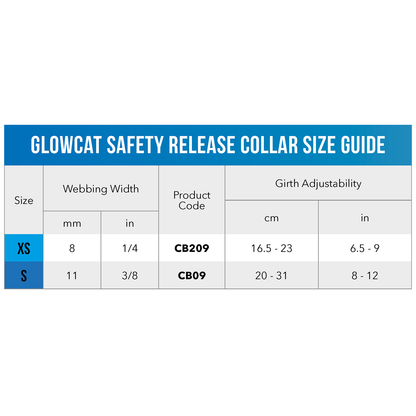 Rogz GlowCat Safety Collar size guide showing XS and S collar measurements and product codes