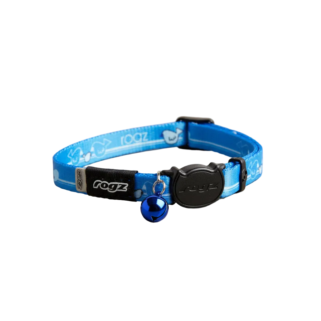 Rogz KiddyCat Safety Collar in Blue showing full adjustable cat collar with bell and breakaway safety buckle