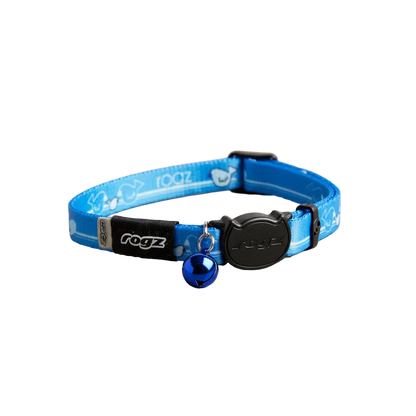 Rogz KiddyCat Safety Collar in Blue showing full adjustable cat collar with bell and breakaway safety buckle