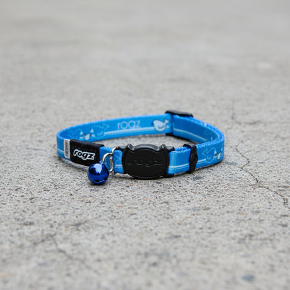 Rogz KiddyCat Safety Collar in Blue XS showing small adjustable cat collar with bell and breakaway safety buckle