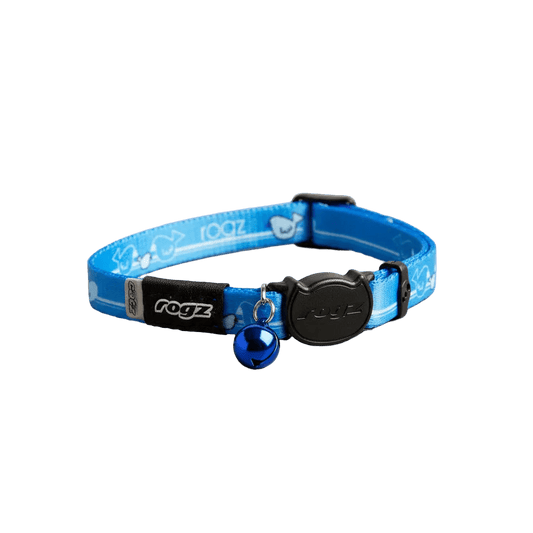 Blue cat safety collar with black break-away buckle and blue bell charm