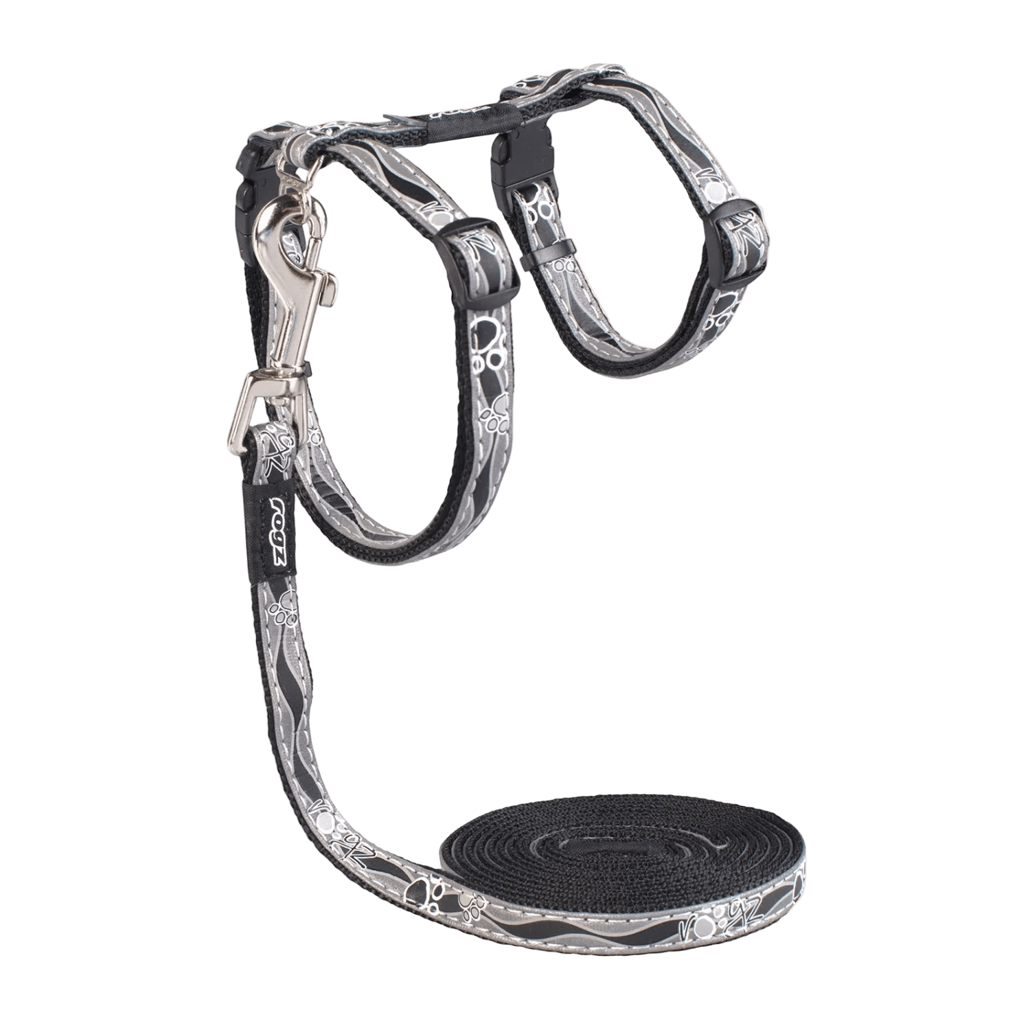 Cat harness and lead set, black straps with silver graphic print, buckle and front D-rings