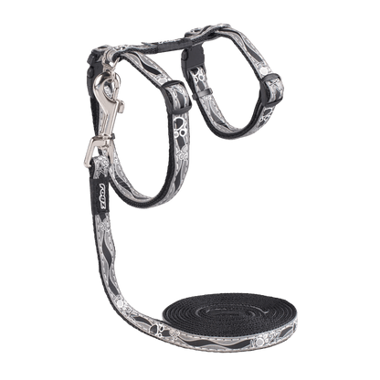Cat harness and lead set, black straps with silver graphic print, buckle and front D-rings