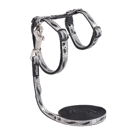 Cat harness and lead set, black straps with silver graphic print, buckle and front D-rings